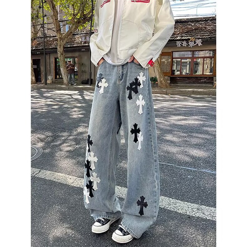 贴皮十字架刺绣拖地阔腿直筒牛仔裤男女长裤子N0388-P60，男装牛仔裤，星座308B-2