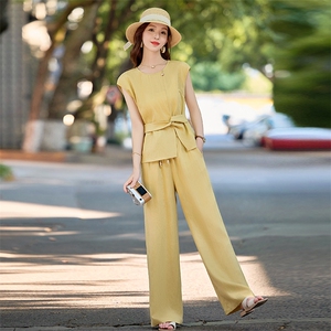 巨好看亚麻时尚套装女2026夏季气质通勤无袖背心上衣阔腿裤两件套图片