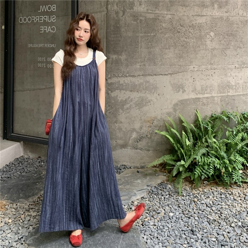 法式复古扎染休闲背带裤女2025夏季新款慵懒风时尚高级感阔腿裤图片