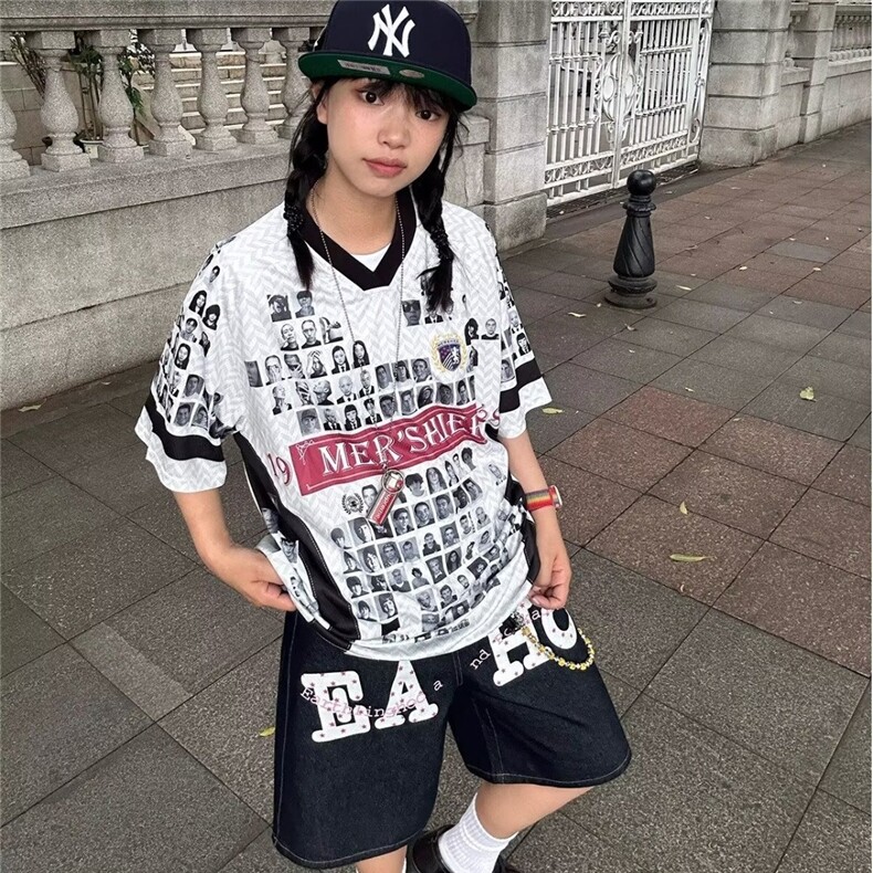 2025夏季潮牌拼接网面透气球衣短袖男女美式复古vibe宽松情侣T恤,男装T恤,星座506A
