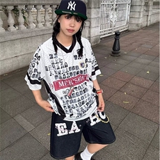 2025夏季潮牌拼接网面透气球衣短袖男女美式复古vibe宽松情侣T恤，男装T恤，星座506A