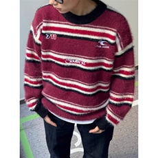 MY9565-P59秋冬新款刺绣条纹水貂毛圆领毛衣男女松弛感慵懒风，男装针织衫/毛衣，电商B323A