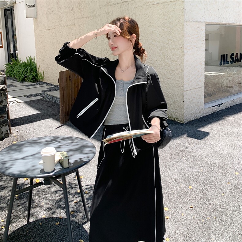 休闲减龄穿搭黑色上衣套装女春秋2025年超火好看慵懒半身裙两件套,女装套装/套裙,2C108