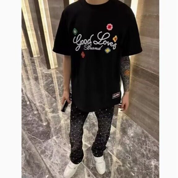 新款男士满钻牛仔裤个性微喇修身破洞潮流弹力休闲黑色裤子,男装牛仔裤,星座1210-1