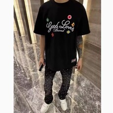 新款男士满钻牛仔裤个性微喇修身破洞潮流弹力休闲黑色裤子，男装牛仔裤，星座1210-1