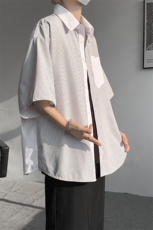 仓库现货CS1120-特批25条纹撞色拼接百搭痞帅大码短袖衬衫，男装衬衫，电商A059