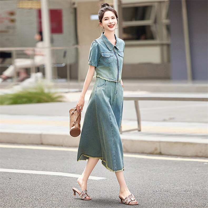 大量现货！短袖牛仔套装女2024夏季新款女装两件套时尚套装裙子,女装套装/套裙,慧尚依恋