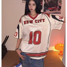 美式V领10号印花拼接网眼短袖球衣男女宽松T恤街头运动上衣无品牌，男装T恤，星座506A