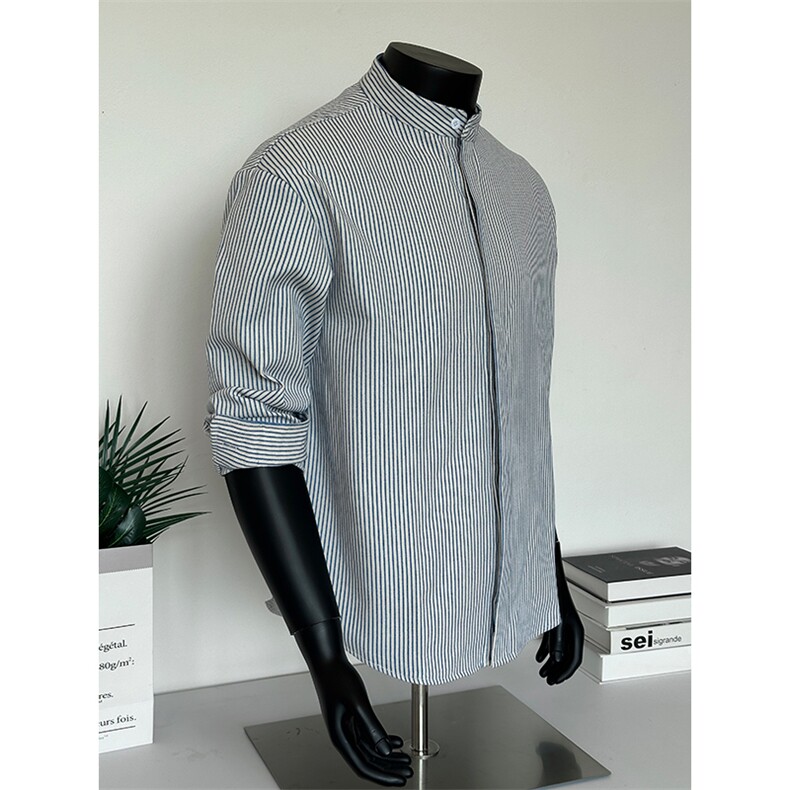 2025秋季新款改立领港风大码简约长袖条纹衬衫CS313-P30，男装衬衫，星座301C-5