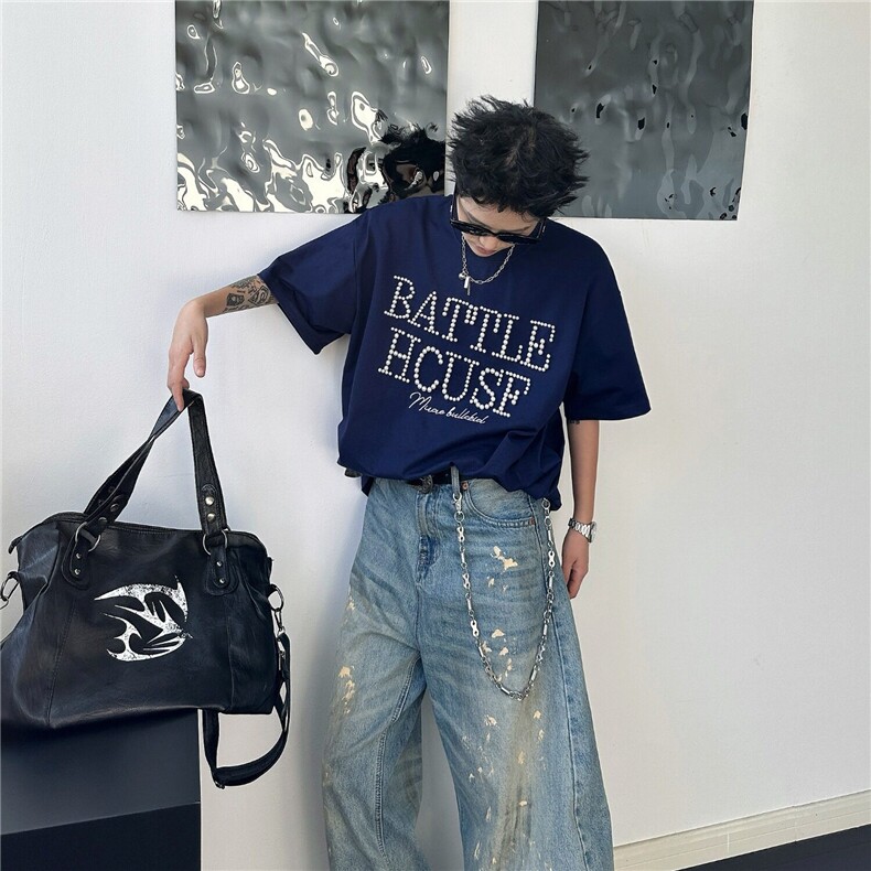 美式复古钉珠字母短袖T恤男女夏季重磅纯棉宽松凉感高街情侣TEE,男装T恤,星座1013