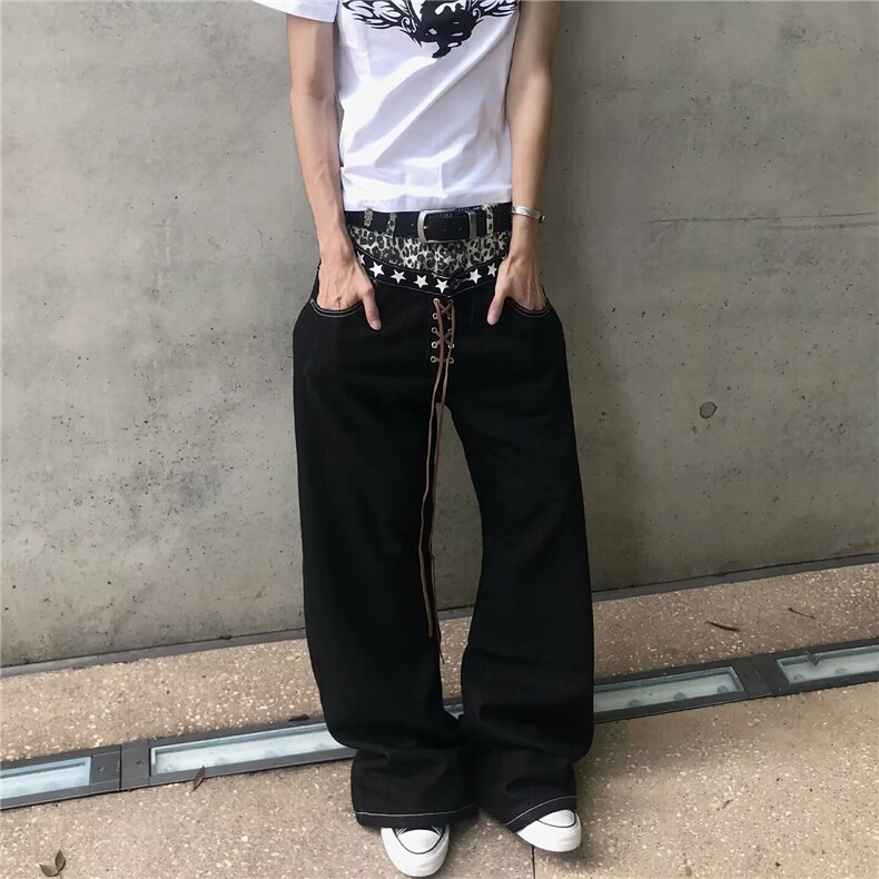 美式复古豹纹拼接双腰头牛仔裤男女秋季街头亚比假两件宽松弯刀裤,男装牛仔裤,星座516A