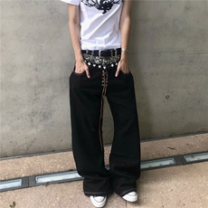 美式复古豹纹拼接双腰头牛仔裤男女秋季街头亚比假两件宽松弯刀裤，男装牛仔裤，星座516A
