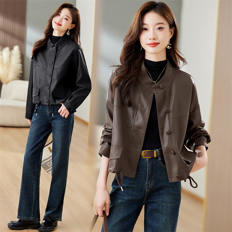 短款棕色皮衣外套女小个子秋季2024年新款美式复古机车服pu皮夹克，女装皮衣，江南女神