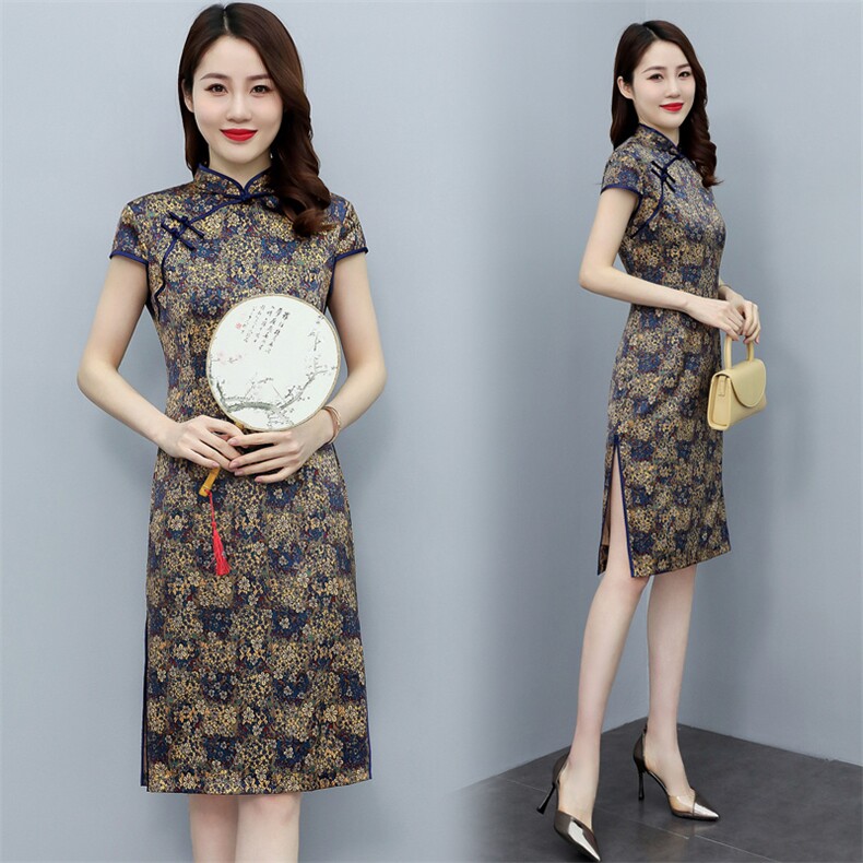 杭州丝绸弹力缎重磅真丝双层旗袍中长款气质显瘦婚礼服连衣裙,女装连衣裙,媚琳依坊