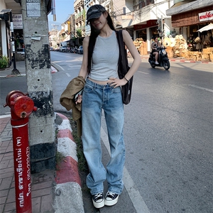 1506-1/K7211/P49显瘦高街裤子高腰窄版直筒微喇裤男女同款图片