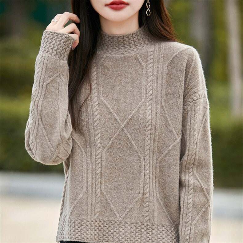 半高领绞花100%纯羊毛衫女秋冬加厚菱形针织毛衣宽松套头羊绒打底,女装羊毛衫,狄美羊绒