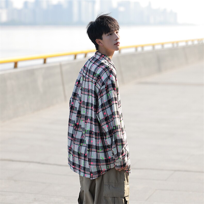模特-美式涂鸦格子衬衫男外套复古上衣8053-P55,男装衬衫,电商B380（原B361）