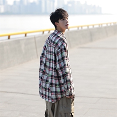 模特-美式涂鸦格子衬衫男外套复古上衣8053-P55，男装衬衫，电商B380（原B361）