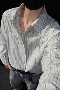 特批P35无差价25春条纹翻领长袖衬衫男宽松港风休闲百搭外套C5459图片