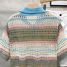 彩色宽松短袖polo美式条纹渐变镂空翻领休闲针织YP922P35，男装Polo衫，星座1013-1
