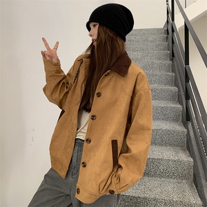 撞色拼接麂皮绒短外套女2025春季新款复古设计感休闲百搭工装夹克图片