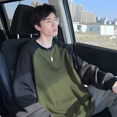 特批P25无差价秋季休闲撞色拼接插肩袖肌理感大码长袖T恤男T5074，男装T恤，电商A001-1