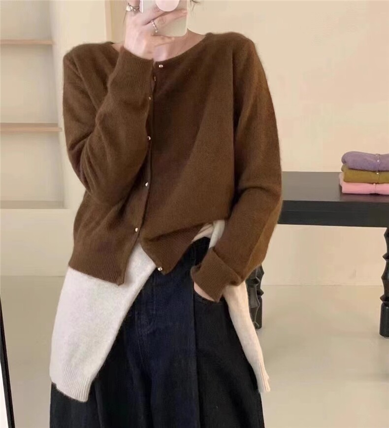 秋冬圆领长袖纯色开衫女宽松百搭休闲针织毛衣外套上衣,针织衫/毛衣,半城羊绒
