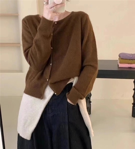 秋冬圆领长袖纯色开衫女宽松百搭休闲针织毛衣外套上衣图片