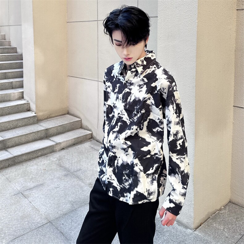 （自家图）高级水墨画长袖衬衫男休闲痞帅衬衣2019-P38,男装衬衫,星座910-5