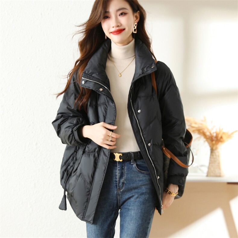 黑色立领羽绒服女2025冬季新款时尚休闲高级感白鸭绒加厚保暖外套,女装羽绒服,梦懿尔