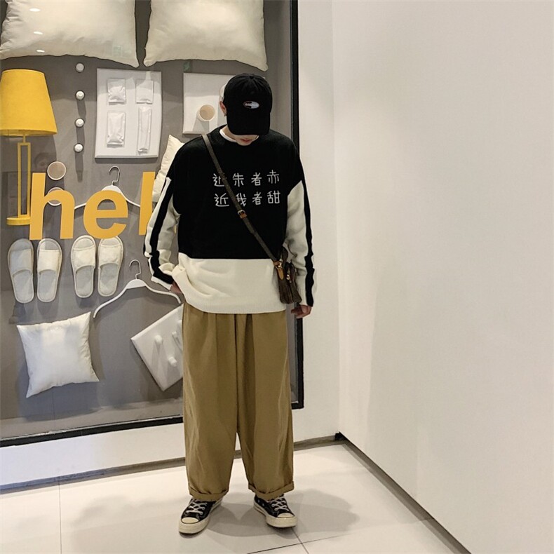 港风冬季情侣针织衫外穿汉字刺绣毛衣男线衣羊毛衫M25-P65,男装针织衫/毛衣,电商D202