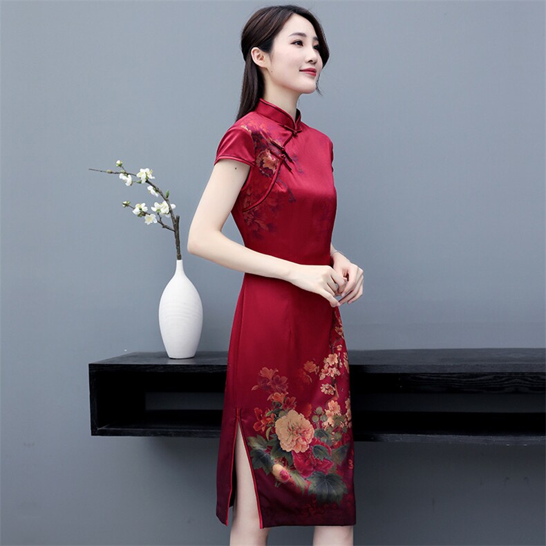 专柜精品重磅真丝弹力缎高奢时尚修身中长款婚庆双层晚礼服旗袍,女装汉服/婚纱/旗袍/礼服,媚琳依坊