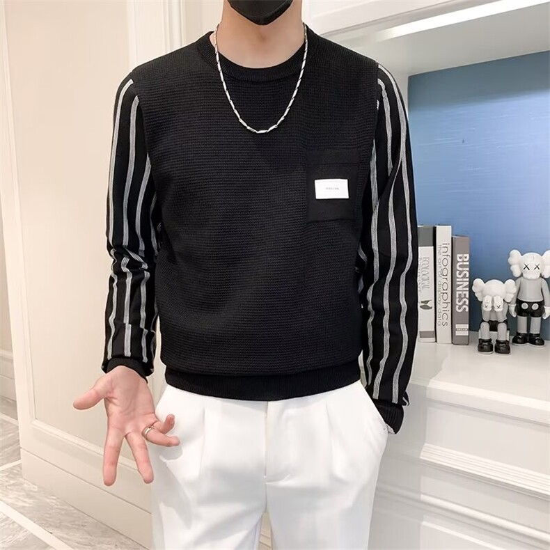 拼接假两件圆领针织毛衣线衣保暖舒适休闲撞色条纹毛衣男M878,男装针织衫/毛衣,星座1116A-2（原606A-1）