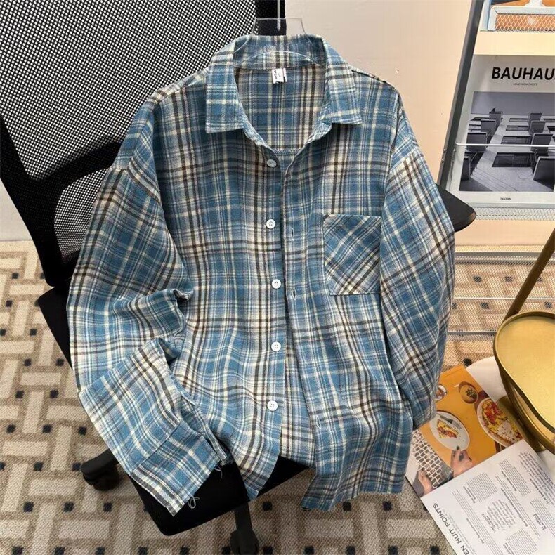 蓝色男友风格子衬衫春秋秋季新款韩版男装休闲单排扣盐系上衣潮,男装衬衫,星座1013