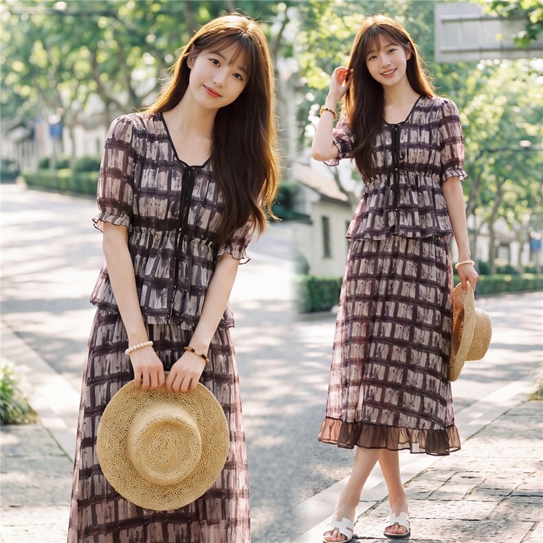 时尚休闲格纹显瘦系带上衣木耳边半裙超仙两件套女,女装套装/套裙,水衣源