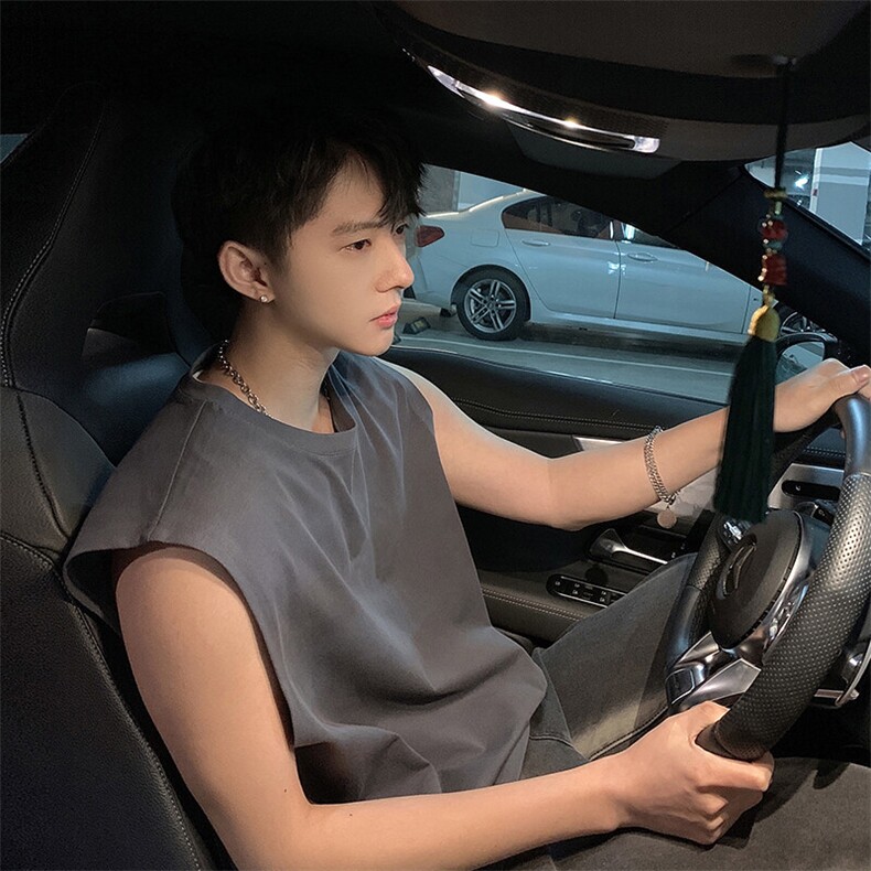 港风潮牌无袖宽松潮流百搭坎肩打底衫日系复古休闲T桖HY48TP13，男装T恤，电商A102B