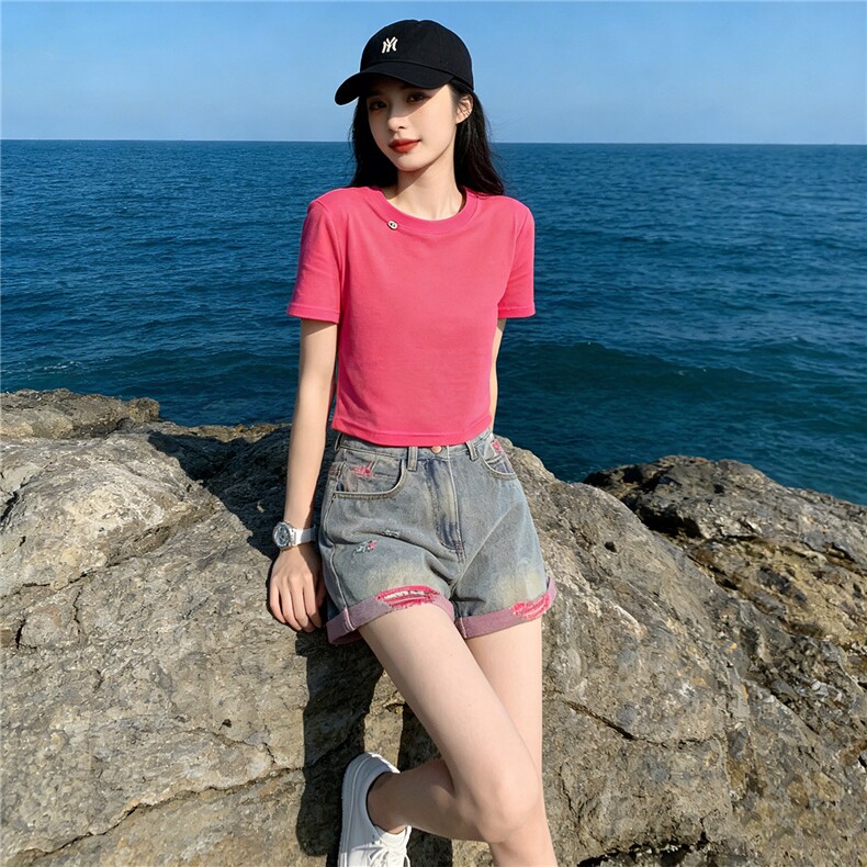韩版休闲时尚套装女夏新款玫红色圆领短袖上衣破洞牛仔短裤两件套,女装套装/套裙,江南