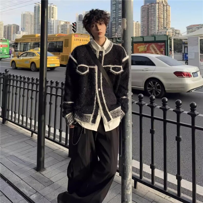 法式小香风撞色2025春秋新款韩版时髦气质软糯仿貂绒针织开衫男,男装卫衣,星座601-1