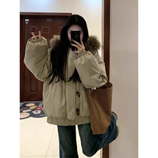 毛领牛角扣羽绒服女2025新款美式复古保暖棉衣外套加厚工装派克服，男装羽绒服，星座506A