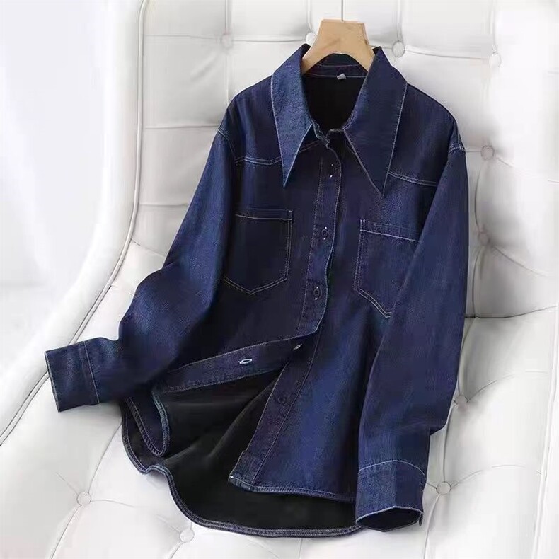 2025年秋季休闲长袖大尖领牛仔加绒衬衣，女装衬衫，湘姗