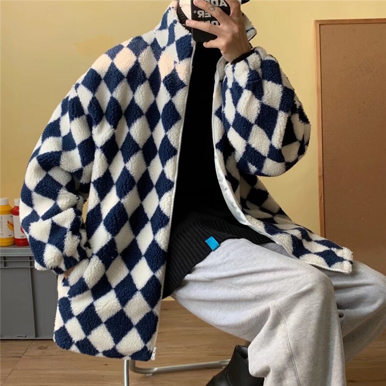 秋冬季棋盘格羊羔绒棉服男港风百搭宽松棉衣学生棉袄W2141-P70,男装棉衣,星座512-2