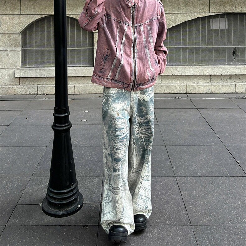美式水洗数码印花设计微喇牛仔裤男高级感复古宽松休闲阔腿裤子潮,男装牛仔裤,星座813-3