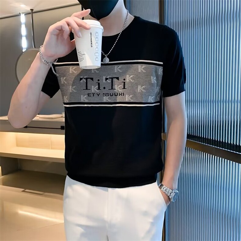 针织衫男短袖t恤圆领修身时尚胸前拼接印花字母打底衫T3345,男装针织衫/毛衣,星座1116A-2（原606A-1）