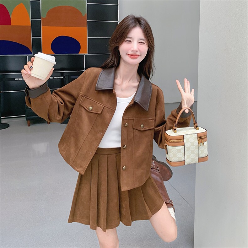 美拉德棕色套装裙女2025秋季新款复古pu皮翻领上衣半身裙两件套潮,女装套装/套裙,2C176