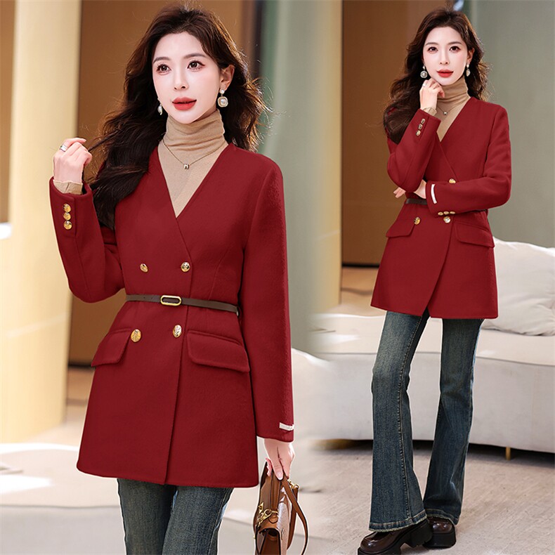 现货2024秋装主推款气质白领正装配腰带v领修身双面羊毛呢外套，女装双面呢大衣，丝露依尚（原SL）