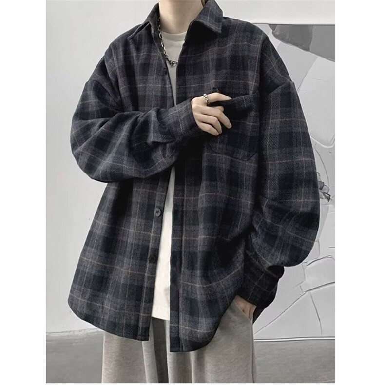 格子衬衫男长袖港风高级感外套痞帅潮牌工装情侣衬衣WLC23-P65图片