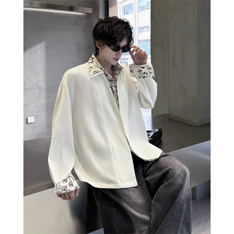 假两件花领衬衫男长袖夏季痞帅高级感老钱风穿搭美式复古衬衣外套，男装衬衫，电商B319