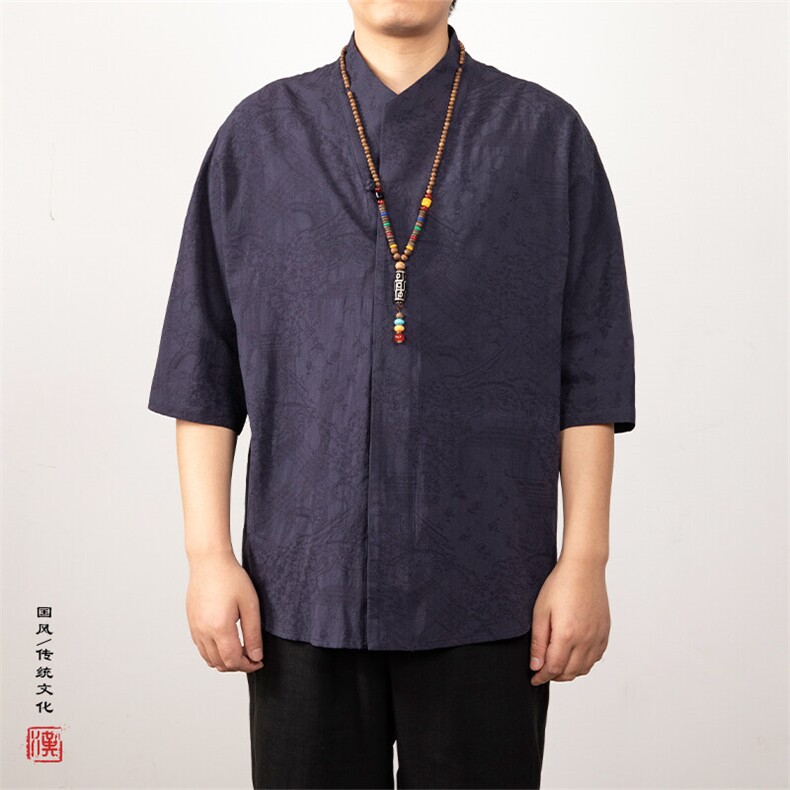 风男装棉麻提花汉服领男士提花五分袖衬衣C27P70,男装衬衫,钱塘802