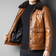 BIJ2302冬季海宁真皮羽绒服男油蜡牛皮夹克翻领时尚男装机车皮衣，男装夹克，电商B360