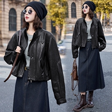 2025秋装新款简约时尚摩登复古皮衣外套，女装皮衣，魅丽静蓝